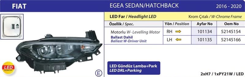 Egea Ön Sol Far (Motorlu-Krom Cıtalı-Led DRL-Park)